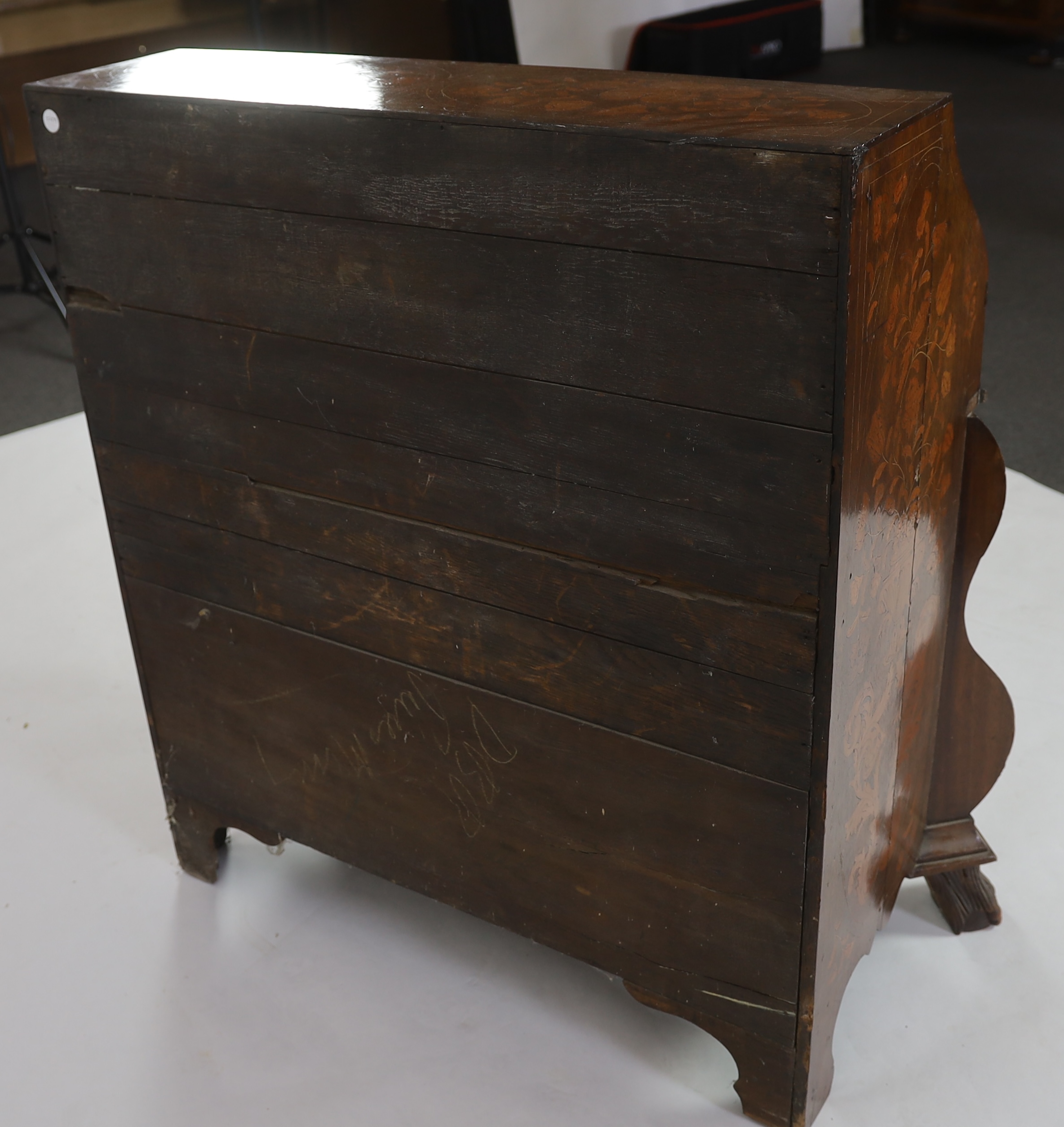 A late 18th century Dutch oak and floral marquetry double bombe bureau